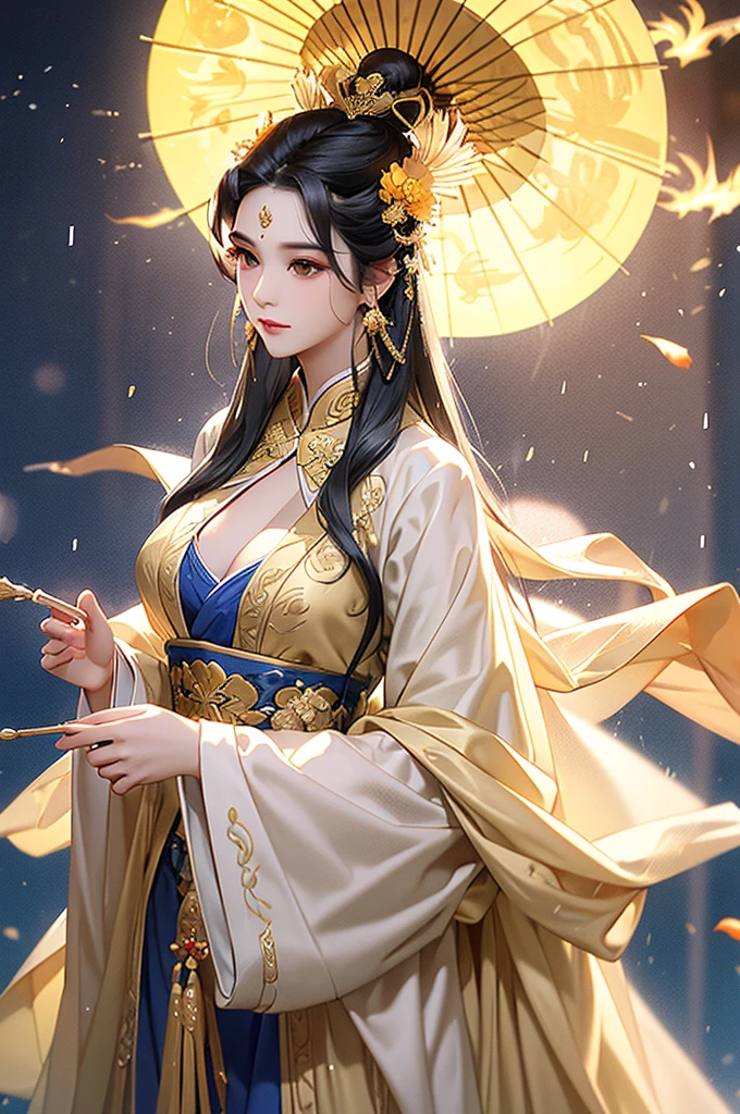 Black Hair, Immortal, Beauty, Royal sister, Stepmother, Gold yellow Taoist robe, Phoenix Coronet, Hair Bunch, Phoenix Sense, Beautiful breasts