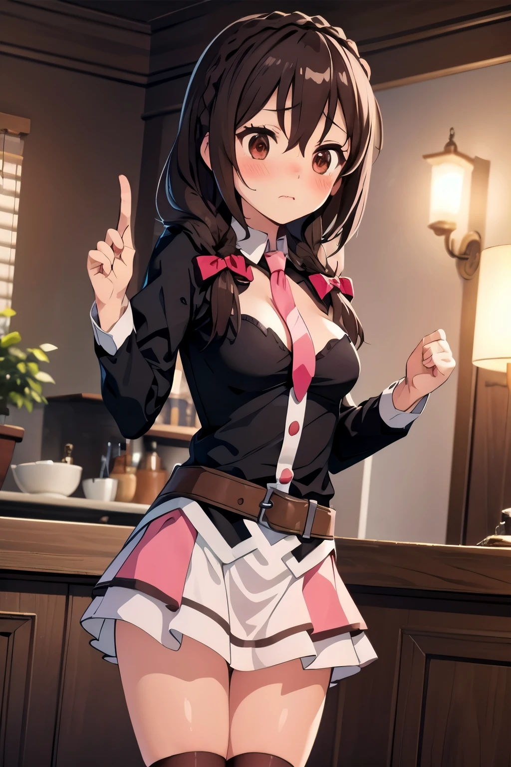 (masterpiece, Highest quality), One Girl,    itch,Long Hair,Braiding ,Twin tails,Hair between the eyes, Hair Ribbon, hair ornaments, medium breastst, Pink Skirt、Close your eyes、Shut your mouth.、(blush:1.5)、Red cheeks、night、indoor、Crown Blade,Black Shirt, Long sleeve, Pink tie, belt, Cleavage cutout、Standing on tiptoes, (brown kneehighs: 1.3), Cowboy Shot