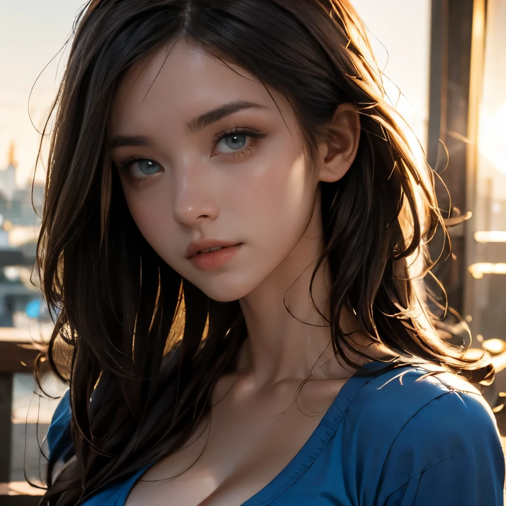 HD photo, masterpiece, best quality, trending on artstation, (portrait:1.2), pretty face, soft, delicate, long red hair, detailed eyes, large bulging breasts, cleavage, detailed skin, (wearing blue shirt), sunkissed, golden hour, depth of field, bokeh, f2.8,