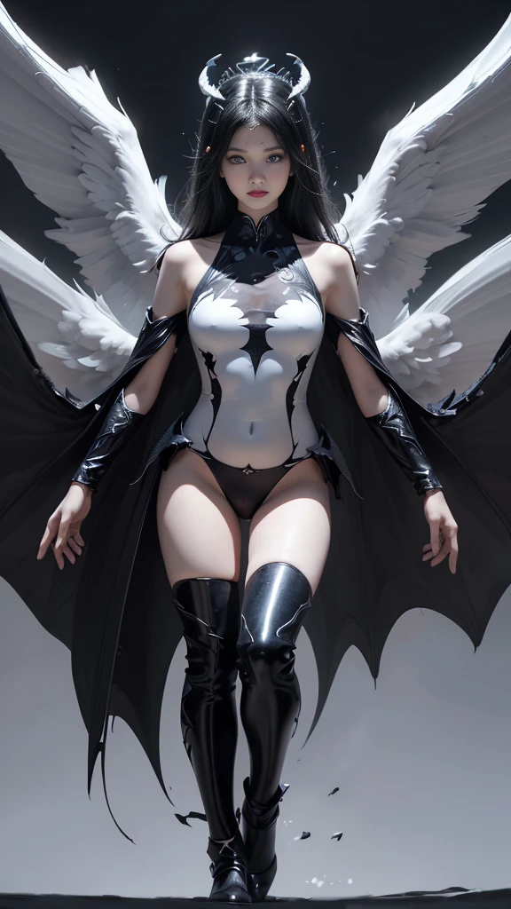 emphasis on wings, wings on shoulder, Angel wings and devil wings, white wings and black wings, (Realistic picture, highest resolution, 16ก), (A demon god with wide wings and enormous power on his shoulders..., Twelve wings on the shoulders., black bat wings:1.3 white angel wings:1.5), 6 angel wings, 6 devil wings, (Beautiful girl with two meter long hair, shiny black hairงาม, Smooth white skin, Lips are very red.), ((stand, already)), (big breasts, หัวBig tits), (gigantic breast, breast augmentation, Breast 400 cc., small waist, hips raised, small thighs, Long legs), (dynamic poses), (Armor that slightly conceals the body), Separate theme, (Angel wings and devil wings), floating in the air above the groundดิน, background darkness, Embraced with twelve wings, wearing a large king crown, crown shining bright, wears little armor, There is power coming out of the body., sparkling wings, white light black light, amazing wings, beautiful gesture, 8K resolution, Resolution 4000 x 2250 pixels, beautiful gesture, Angel wings and devil wings, (Realistic picture, highest resolution, 16K), (A demon god with wide wings and enormous power on his shoulders.., Twelve wings on the shoulders., black bat wings:1.3 white angel wings:1.5), Angel wings and devil wings, white wings and black wings,, Have wings 100 Have wings 1000, Angel wings and bat wings, wings inserted between wings, 12 wings, 6 angel wings, 6 bat wings, Angel wings and devil wings, white wings and black wings,, (Beautiful girl with two meter long hair, shiny black hair, Smooth white skin, Lips are very red.), very long hair, ((stand, toe)), (big breastsโต, หัวBig tits), (gigantic breast, small waist, hips raised, small thighs, Long legs), (dynamic poses), (black and white leotard, There are beautiful patterns., Decorated with gold embroidery., Show off your chest), Separate theme, (Angel Wings and Demon Lord Wings), floating in the air above the ground, background darkness, Embraced with twelve wings, white and black light crown, A rainbow glow on the back of the head, The most busty breasts, Big tits, universe backdrop, dynamic gesture, Drive the skin, Smooth white skin, Layered wings, White with black engraved is good.