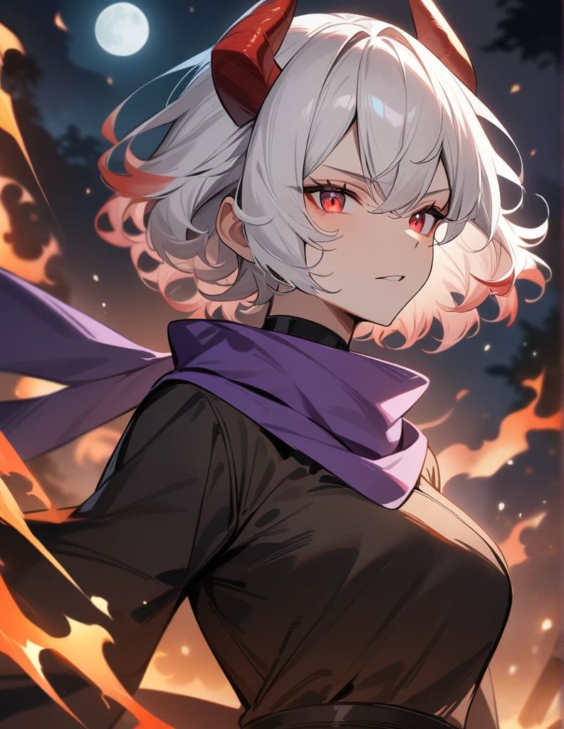 White hair, curly hair, short hair, horns, black ninja costume, holding a sword, full moon, male, red burning eyes, purple scarf, high resolution, masterpiece, Highest quality,