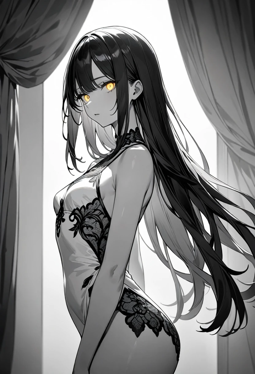 (masterpiece, top quality, very aesthetic, 4k、illustration), intricate detail, 1woman,、solo,contrapposto 、Strong glowing eyes、,(cowboy shot)、light persona、(monochrome),beautiful face、from side、clear face、straight hair、red to black gradient hair、,middle hair,sidelock ,gold　eyes、white Summer Dresses、small breasts、Slim 、