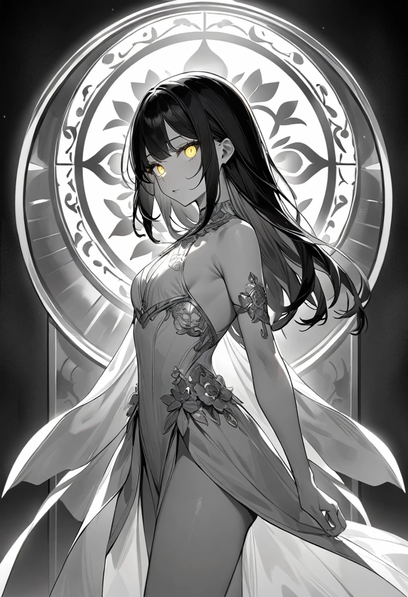 (masterpiece, top quality, very aesthetic, 4k、illustration), intricate detail, 1woman,、solo,contrapposto 、Strong glowing eyes、,(cowboy shot)、light persona、(monochrome),beautiful face、from side、clear face、straight hair、red to black gradient hair、,middle hair,sidelock ,gold　eyes、white Summer Dresses、small breasts、Slim 、