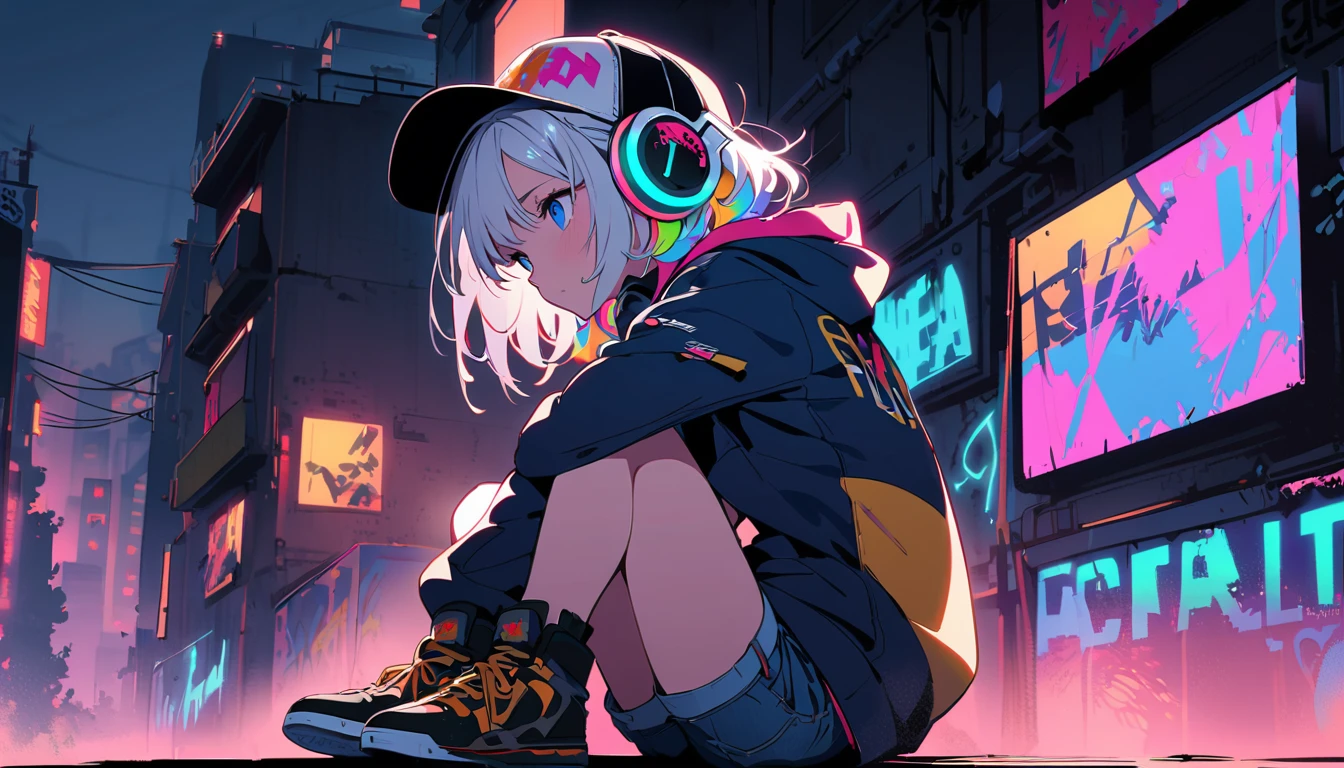 Handsome cute, Solitary, 1 female, Medium Length Hair, white hair, Rainbow hair, blue Eyes, Rainbow headphone, Futuristic, Cyberpunk, Cybernetics panoramic, in the night, looking away, Sitting,hoodie, colored hoodie, Trucker Hat, hip-hop style hooded jacket, denim shorts, Human focus, outdoor, White clouds, graffiti Popularity spray art wall panoramic,