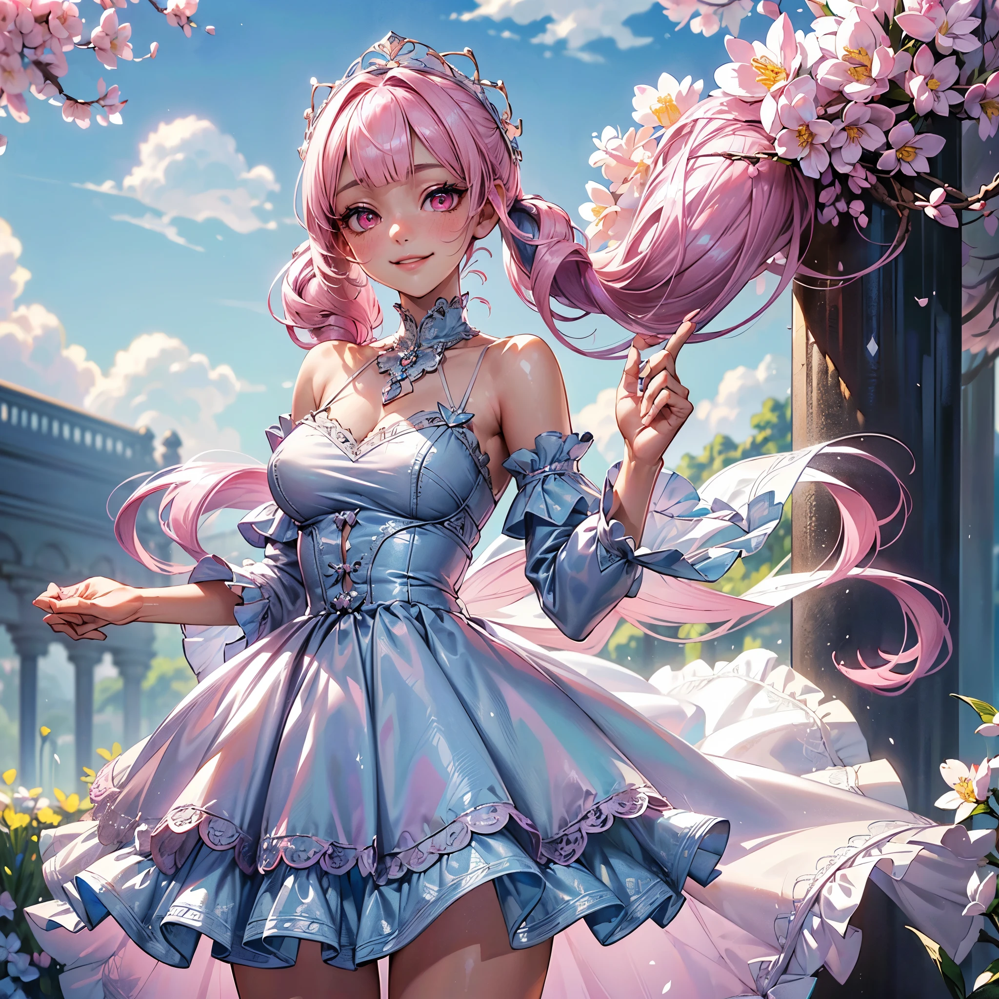 (8K, masutepiece, Highest Quality, Best Quality, Official art, Breathtaking beauty and aesthetics, A highly detailed, The best masterpiece in history that exceeds limits, Breathtaking and beautiful lighting:1.2), (1 Absolute Beautiful Girl, Solo:1.3), sixteen years old, (shiny white skin), (pink twin tail hair, Bangs:1.5), (adolable big pink eyes, drooing eyes:1.5), (Breathtaking Beautiful baiana dress, ruffled dress,  blue lace trim, Cutwork, blue frilled neckline, flared skirt, blue and white dress, layered dress, puffed_sleeves), (bust:1.2), (happy smile, Beautiful smile, Gentle smile, cute smile, innocent smile like an angel:1.2), (Attractive, amazing, Beautiful, Elegant, Luxurious, magnifica, Eye-catching, the ultimate beauty, Supreme Beauty, Superlative beauty, Elegant, Beauty, Graceful, Everyone loves it, Beauty that fascinates everyone, Healed, The highest level of complete beauty, cute like an idol, Stylish like a fashion model, Goddess-like grace, Be loved, cute little, adolable, Look at the camera, cute little pose, Happy), breathtaking scenery, (standing, Breathtakingly beautiful Luxurious spring garden, blue sky:1.5),