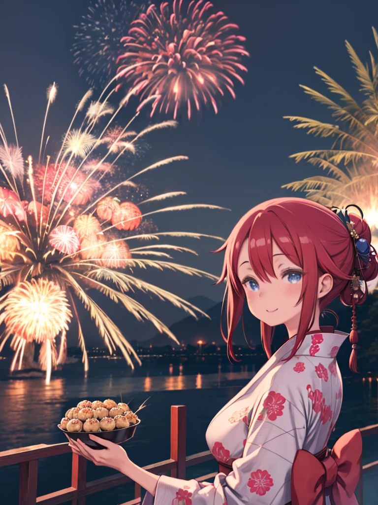 One Girl、Japanese Festivals、Fireworks display、yukata、kimono、Red clothes、night、Fireworks、look back、Eating takoyaki、Smiling、Red Hair、Hair between the eyes、Blue Eyes、Chignon、Big Breasts、Huge breasts、