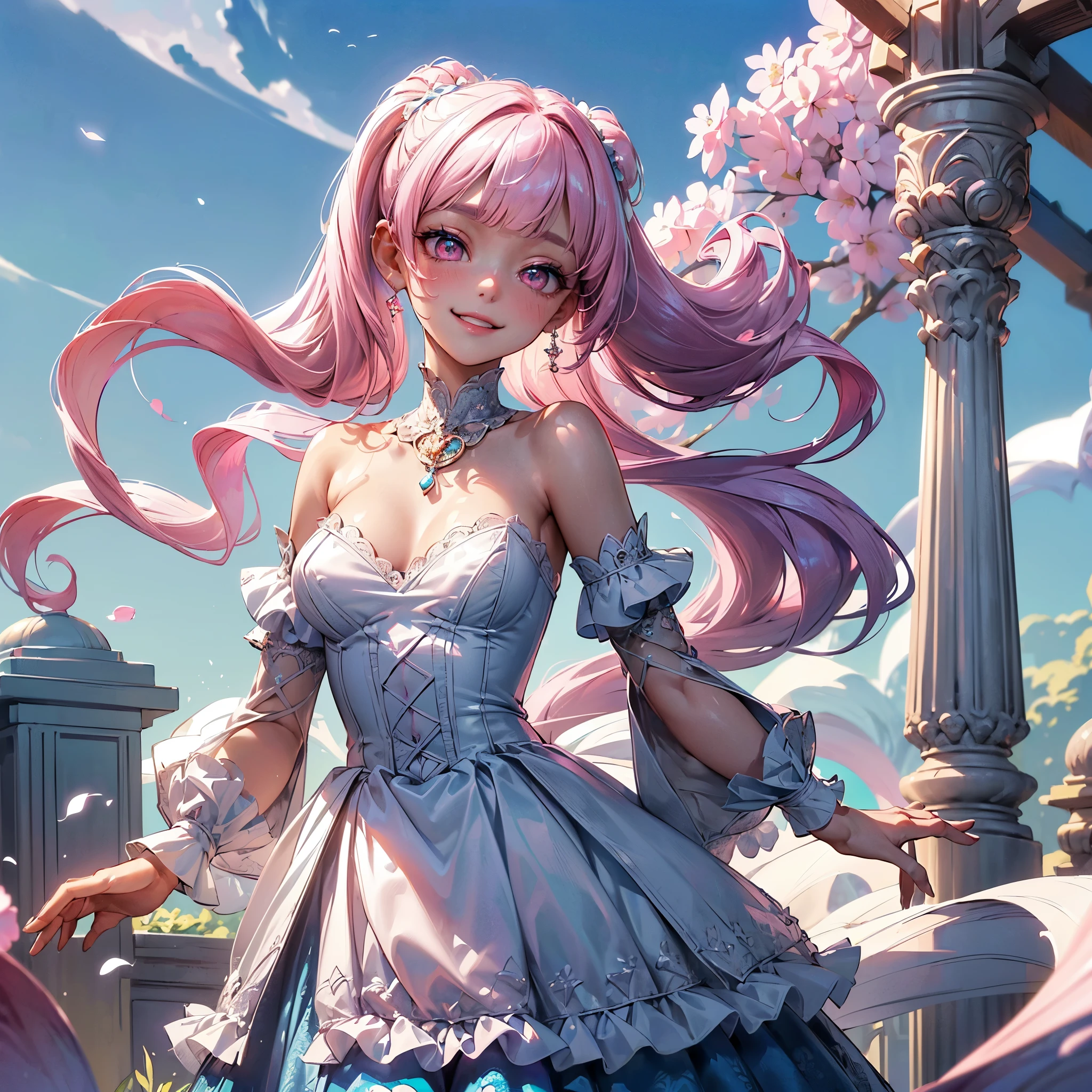 (8K, masutepiece, Highest Quality, Best Quality, Official art, Breathtaking beauty and aesthetics, A highly detailed, The best masterpiece in history that exceeds limits, Breathtaking and beautiful lighting:1.2), (1 Absolute Beautiful Girl, Solo:1.3), , (shiny white skin), (pink twin tail hair, Bangs:1.5), (adolable big pink eyes, drooing eyes:1.5), (Breathtaking Beautiful baiana dress, ruffled dress,  blue lace trim, Cutwork, blue frilled neckline, flared skirt, blue and white dress, layered dress, puffed_sleeves), (bust:1.2), (happy smile, Beautiful smile, Gentle smile, cute smile, innocent smile like an angel:1.2), (Attractive, amazing, Beautiful, Elegant, Luxurious, magnifica, Eye-catching, the ultimate beauty, Supreme Beauty, Superlative beauty, Elegant, Beauty, Graceful, Everyone loves it, Beauty that fascinates everyone, Healed, The highest level of complete beauty, cute like an idol, Stylish like a fashion model, Goddess-like grace, Be loved, cute little, adolable, Look at the camera, cute little pose, Happy), breathtaking scenery, (standing, Breathtakingly beautiful Luxurious spring garden, blue sky:1.5),