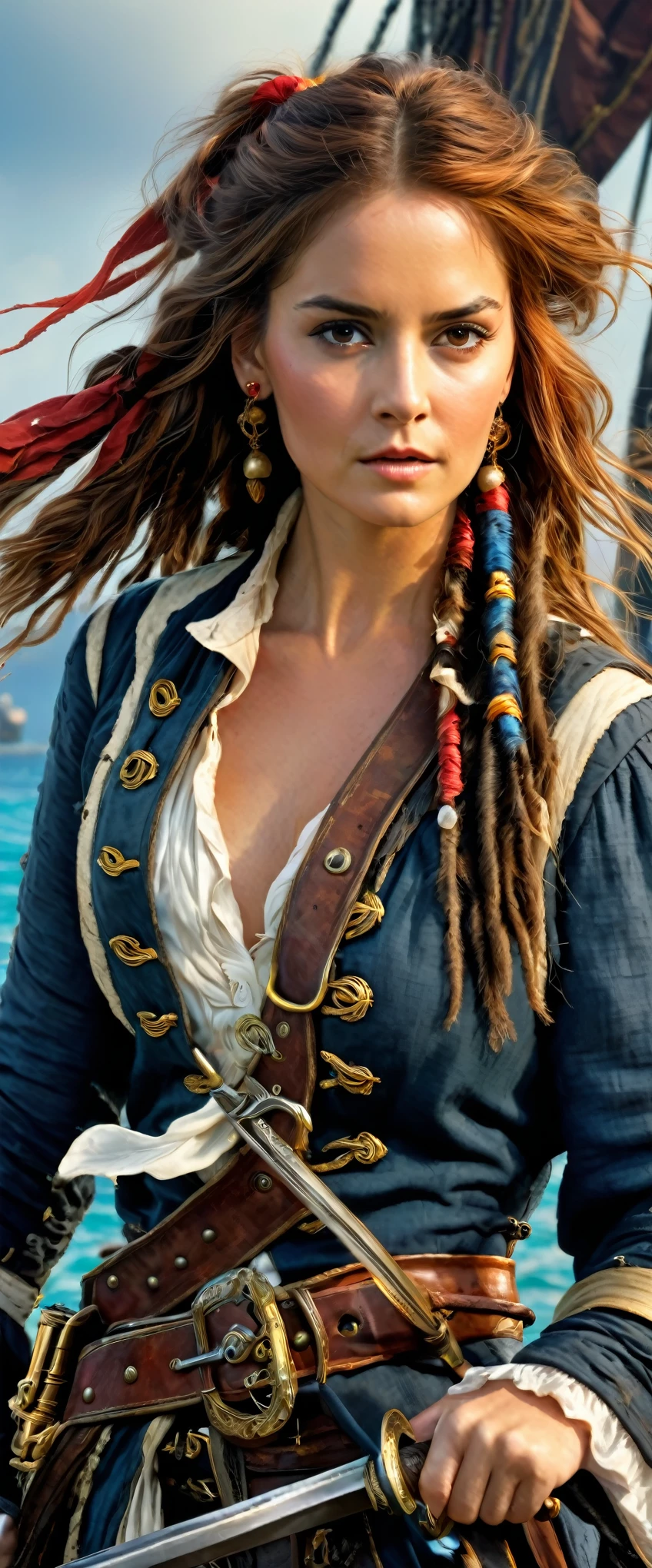 (8k, Highest quality, masterpiece)，{Realistic, RAW Photos, Super Fine Clear, Impressionist painting, (Impressionist paintingの影響を受けた, Pirates of the Caribbean:1.6)}, female pirate, Fight on deck, Pirate Combat, Deadly Combat, Fierce Battle, Heat,, Vibrant