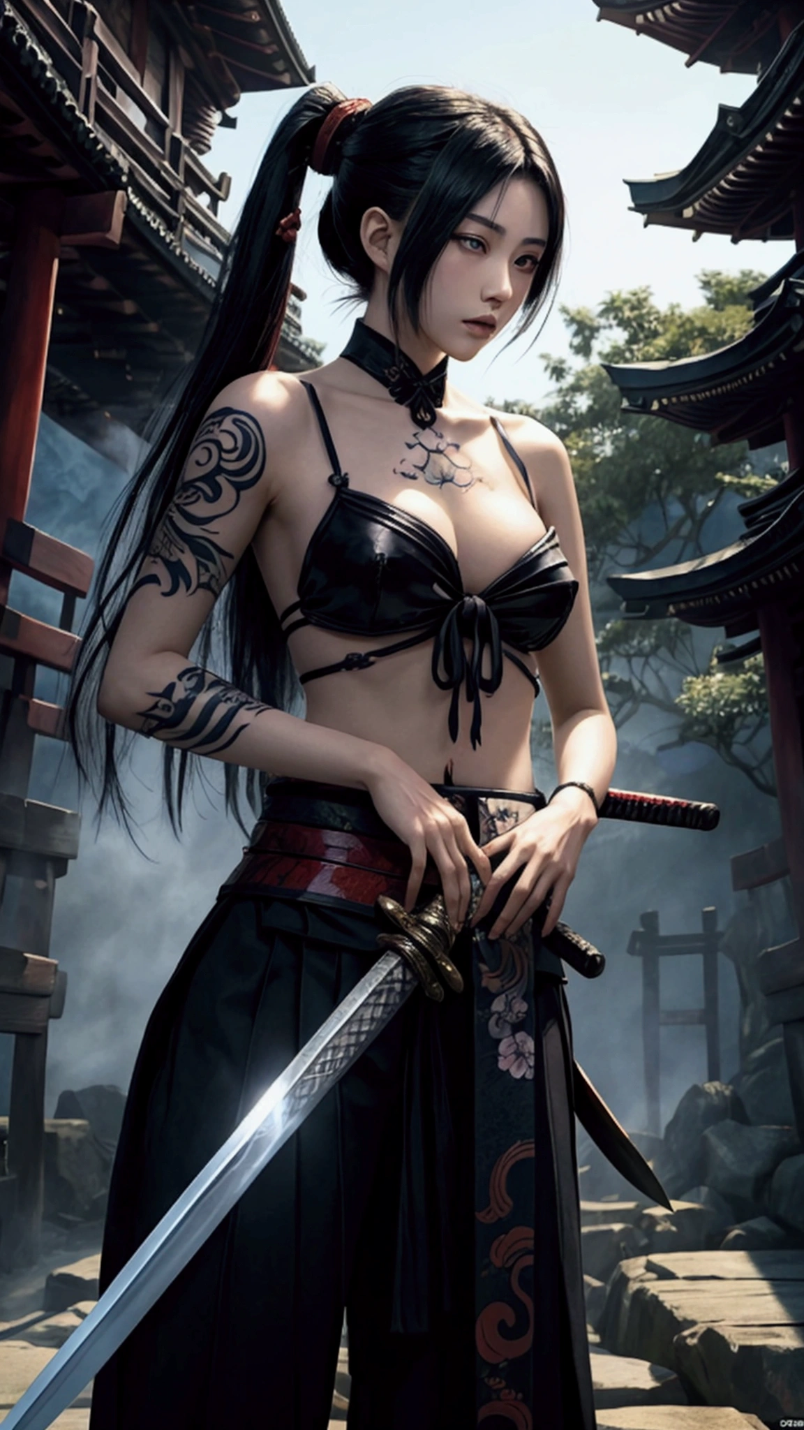 (Japanese sword &quot;Muramasa 2&quot;.0)Beautiful and pretty woman with、Tie your hair back、hair ornamentartial artists、Warrior、Crisp eyes、Tattoo on arm、