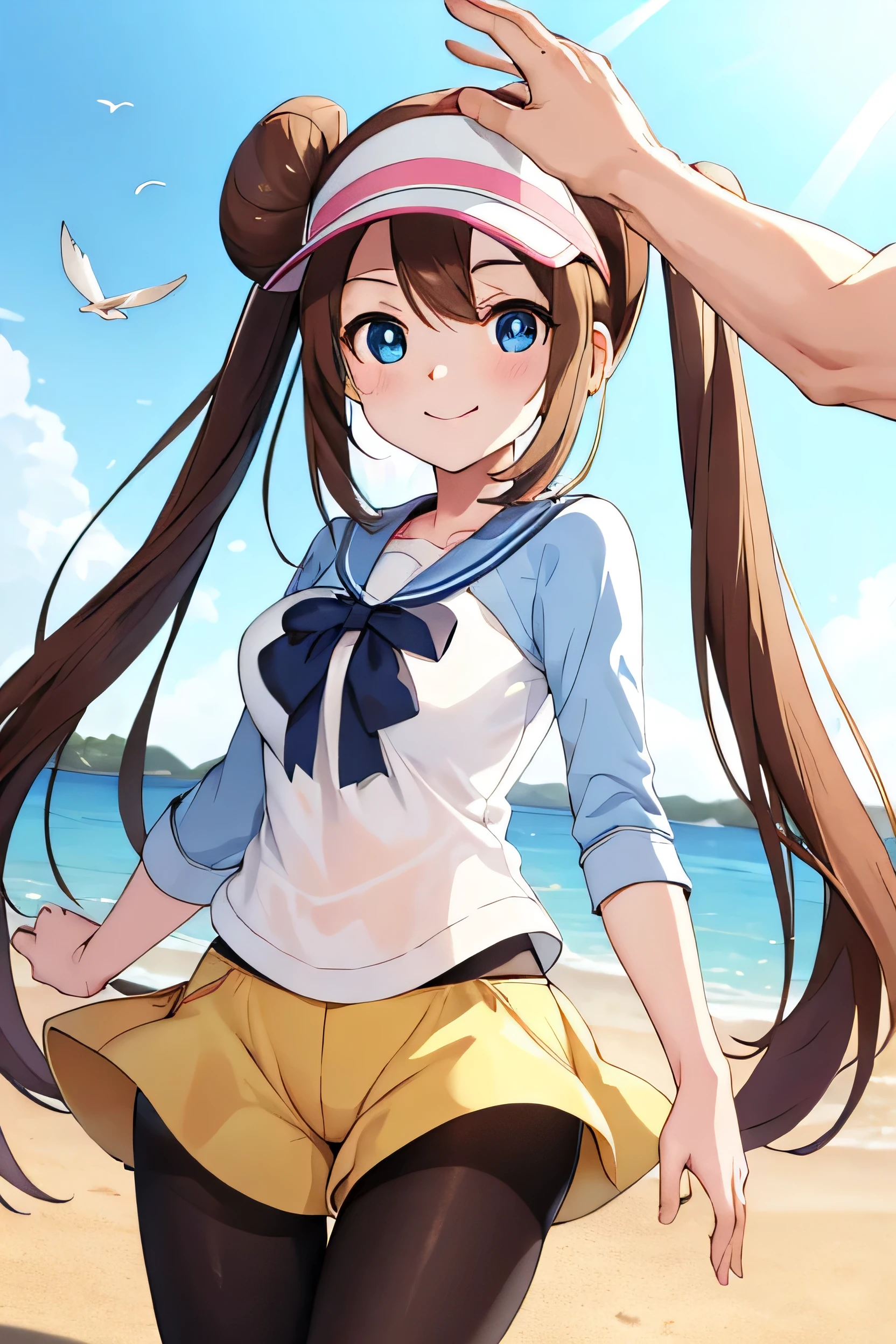 masterpiece, Highest quality, High resolution, B1 class, Hair Bun, blue eyes, Twin tails, Visor Cap, pantyhose, Raglan sleeves, Yellow shorts, shirt, Pink Ribbon, clock, Are standing, Cowboy Shot, Field, monster Ball \(Basic\), smile, whole body,reflection,Cute smiling face, Anime girl next to sparkling blue sea,Beautiful Eyes,Exquisite facial features,Happy expression,Seagulls are flying,Bask in the warm sunlight,Pro Lighting Tips,Light and shadow effects, headpatPOV, throw, headpat,