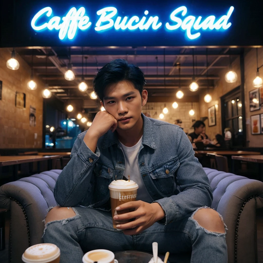 A handsome Indonesian man with a clear Korean face, black spkiny hair, blue jeans jacket, white t-shirt, long jeans that reach the bottom of the shoes while sitting on a luxurious Caffe chair, while holding a glass of coffee in his hand there was a small table complete with snacks, banyak lampu neon light up warna warni di kafe menerangi , Behind it is writing ("Caffe Bucin Squad")light up . cold evening atmosphere. the picture is very clear and real,realistic 16k