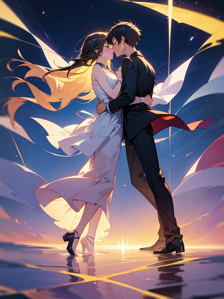 Boy and girl kissing in mid air floating 
Full body visible 
Night sky background