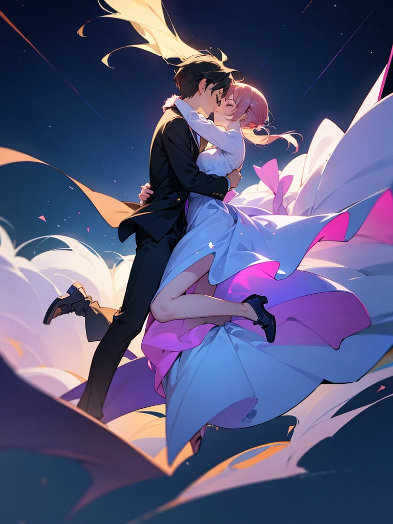Boy and girl kissing in mid air floating
Full body visible
Night sky background