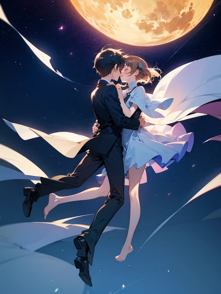 Boy and girl kissing in mid air floating
Full body visible
Night sky background