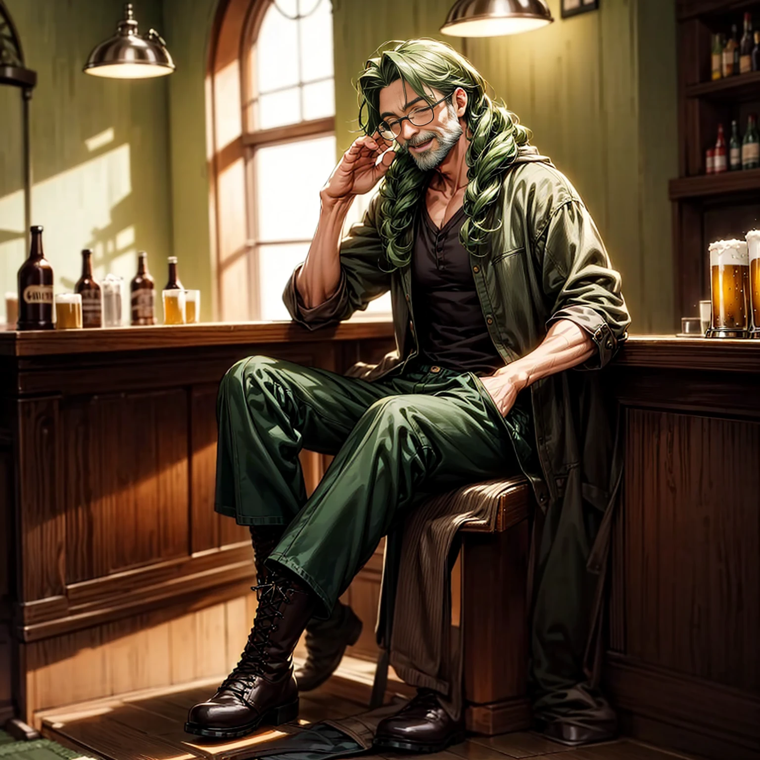 Solo character, full body version, middle aged man, muscle, tall height, green color hair, glasses, long Curly hairstyle, hazel eyes, close eyes, open mouth, beard, happy, laugh, casual style clothing, brown color clothing, black long pants, boots, detailed shadow, indoor, bar, evening, people, beer in hand, sit down gesture 