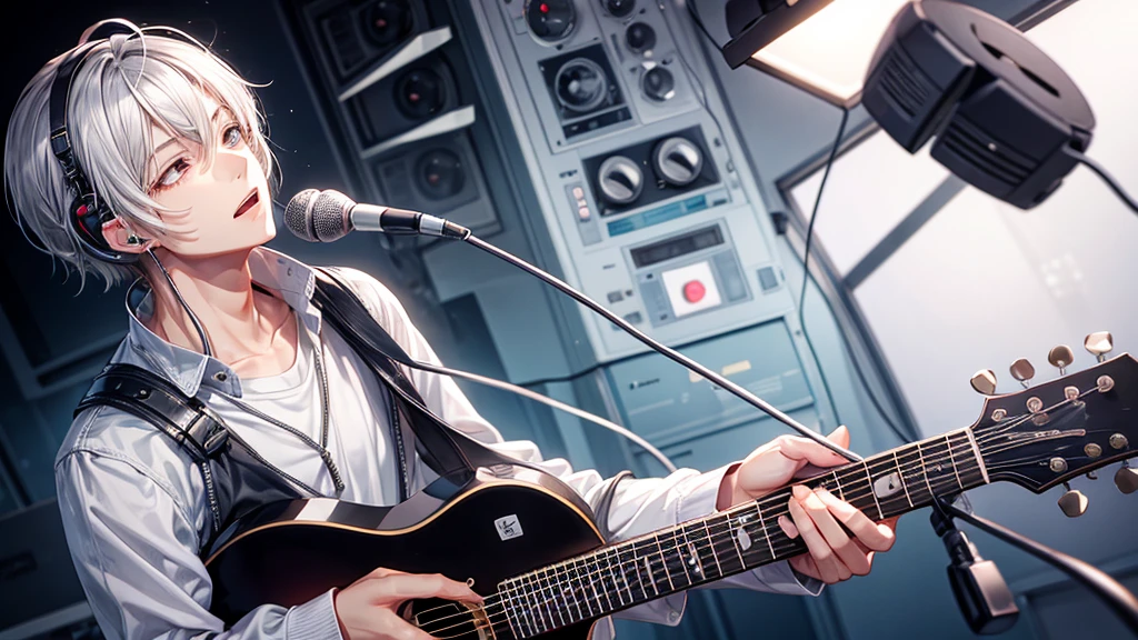 Silver-haired man with slanted eyes、Singing while playing guitar、headphone