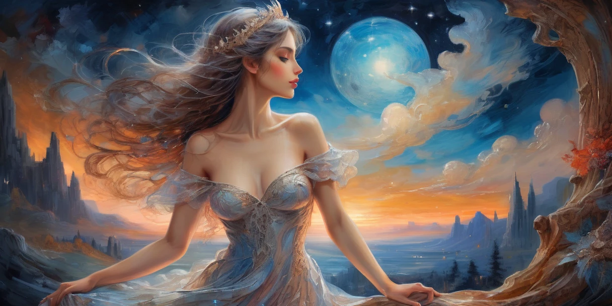 A beautiful princess, elegant, detailed, cute, (Rubensian), (Romanesque Background), (Night Sky), elegant detailed dress, (art：dgtlv2、Henry Asensio、Jean Chin、Josephine Wall、Edwin Deakin), (masterpiece), (Excellent anatomy),