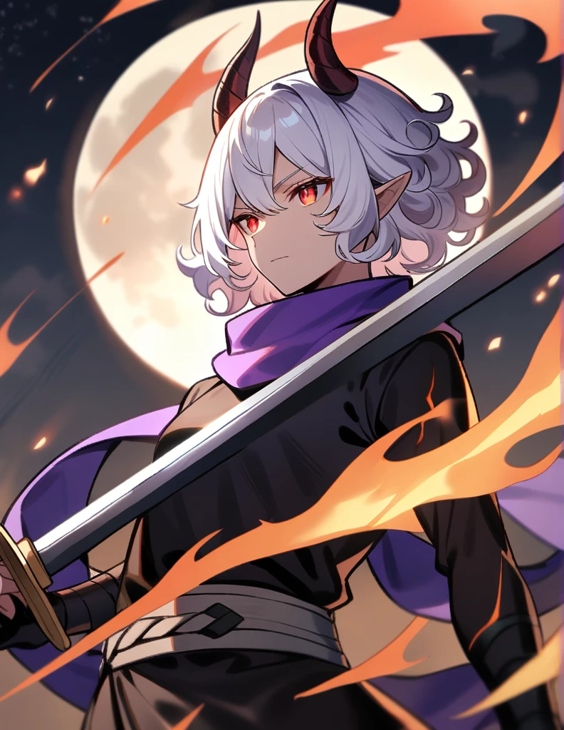 White hair, curly hair, short hair, horns, black ninja costume, holding a sword, full moon, male, red burning eyes, purple scarf