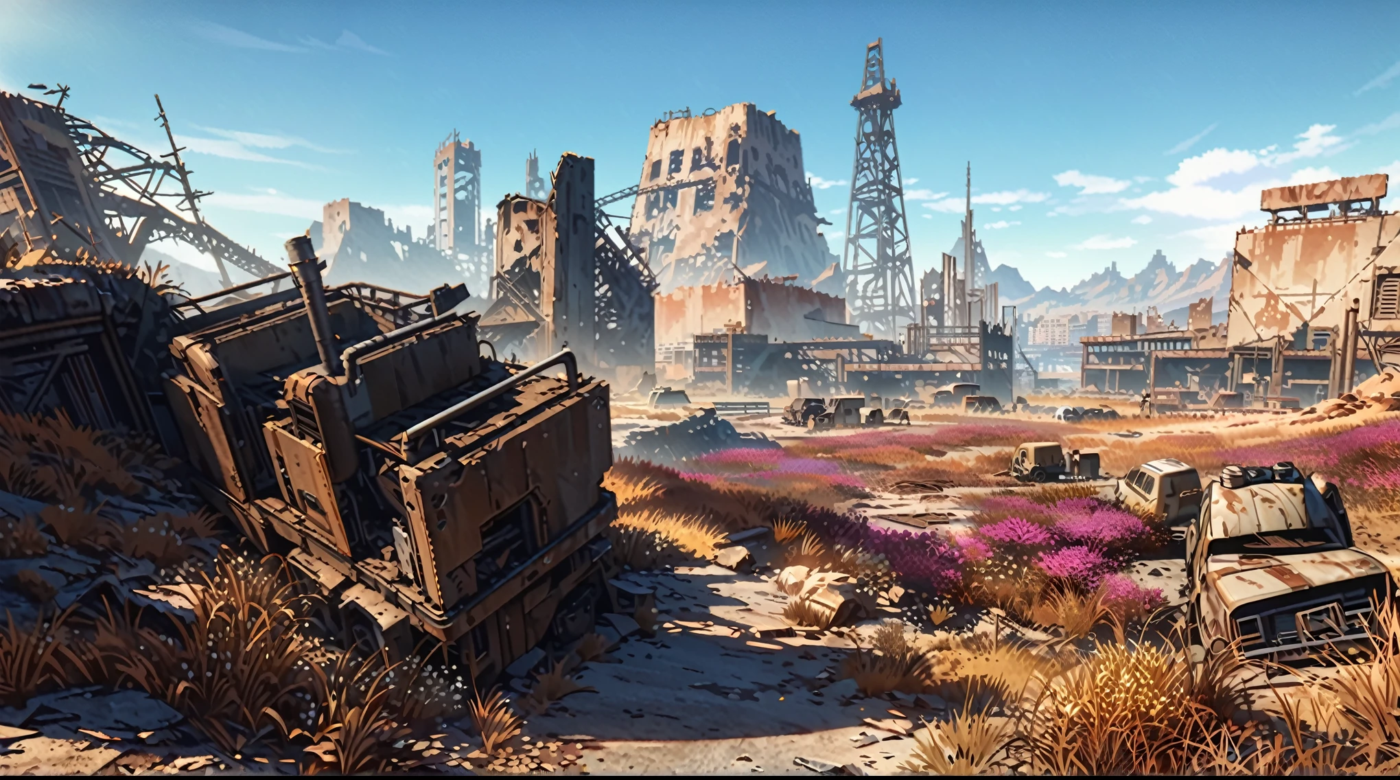  anime aestetics, anime scenery, landscape, wallpaper, huge deserted city, western city ruins, dry grass, dry flowers, desert, fallout environment, in the fallout wasteland, fallout 4 render, stylization for fallout 4, mining outpost, rural wastelands, fallout 4, wastelands, apocalyptic, wide shot, atmospheric perspective, perspective, pov, 8k, highres, best quality, award winning, super detail, masterpiece, UHD