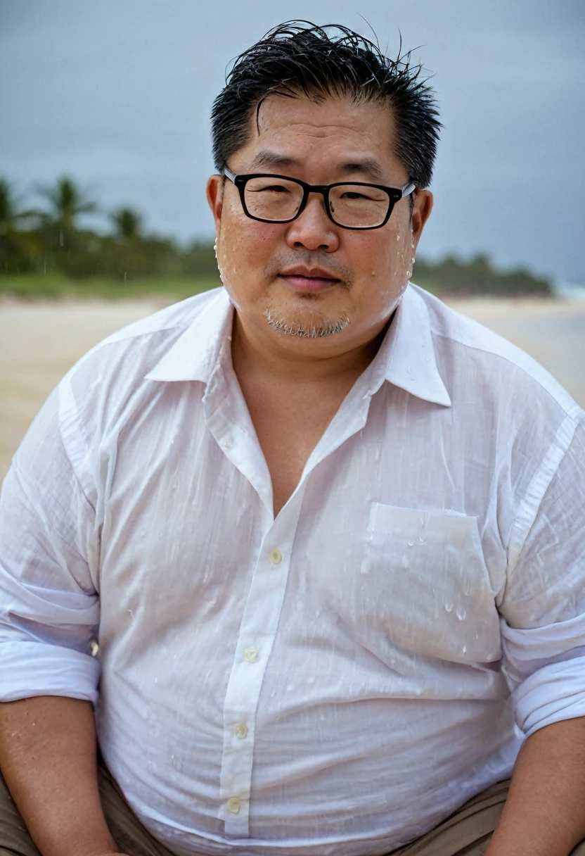 Man, Asian, 50 years old, Fat, Chubby, wearing glasses, wearing an unbuttoned shirt, thin white t-shirt, Sitting, sand beach, Wet, Raining, sharp image, beautiful lighting.