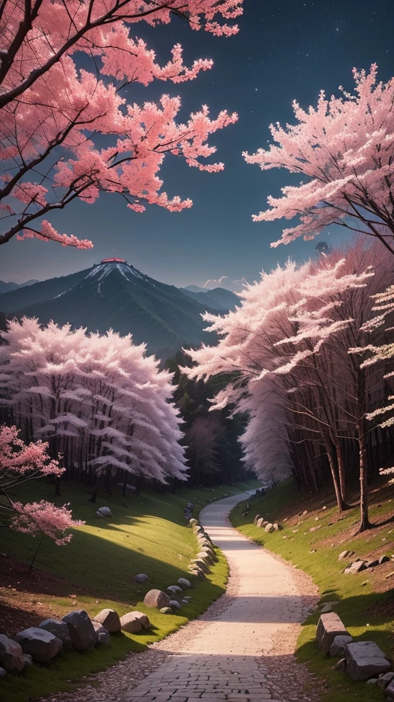 The stone road on Hanshan Mountain is tilted in the distance..Baiyun was born into a family..Park the car and sit in Love Maple Forest at night..The frozen leaves are as red as the February flowers..