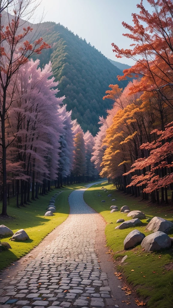 The stone road on Hanshan Mountain is tilted in the distance..Baiyun was born into a family..Park the car and sit in Love Maple Forest at night..The frozen leaves are as red as the February flowers..
