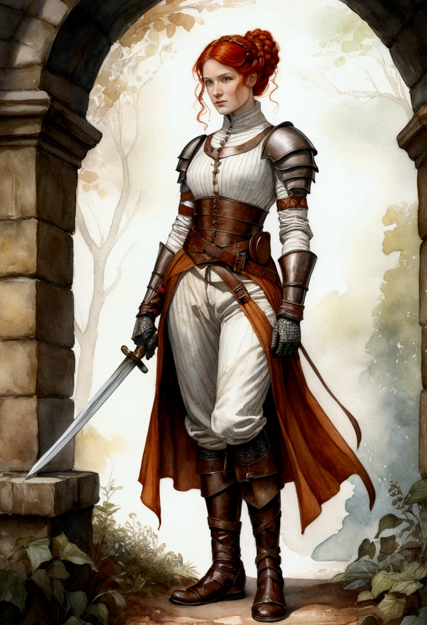 brown ink and watercolor, female medieval fantasy warrior, red hair, elegant braided updo, orange eyes, white gambeson, brown leather gloves, metal articulated gauntlets, metal vambraces, brown leather belt, anthracite medieval baggy hose, red slashed breeches, metal cuisses, brown leather boots, metal greaves. extremely detailed, Highly detailed, masterpiece, character concept illustration, wonderland, Dynamic colors, fairy tale light, by Beatrix Potter and Jean-Baptiste Monge, 32k UHD