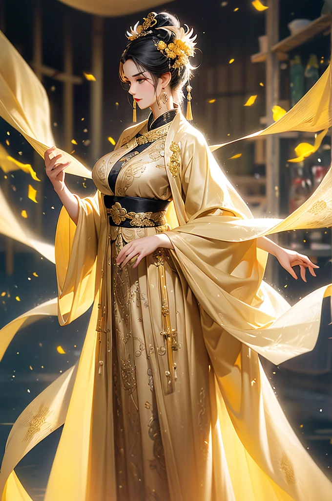 Black Hair, Immortal, Beauty, Royal sister, Stepmother, Gold Yellow Taoist robe, Golden Phoenix Coronet, Hair Bunch, Big breasts, Mature Woman