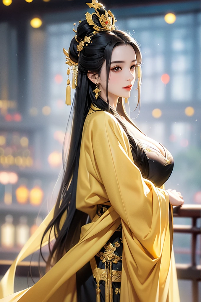 Black Hair, Immortal, Beauty, Royal sister, Stepmother, Gold Yellow Taoist robe, Golden Phoenix Coronet, Hair Bunch, Big breasts, Mature Woman