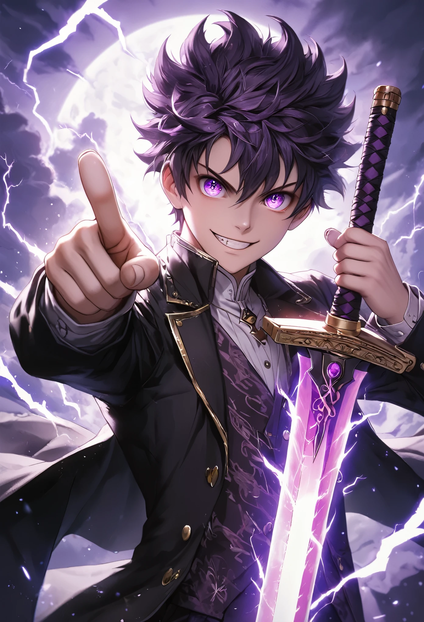 masterpiece, Highest quality, Highly detailed CG Unity 8k wallpaper, Purple sword imbued with lightning. It is made with great precision. Very precise, High resolution, sharp, Glowing Sword. He is looking at you with big eyes and sharp eyes. wear . The sword glows purple.、It gives off an evil vibe. Three-dimensional illustrations with a sense of depth, (((Pointing a sword at the viewer))), Anatomical Hand, Anatomical Fingers,