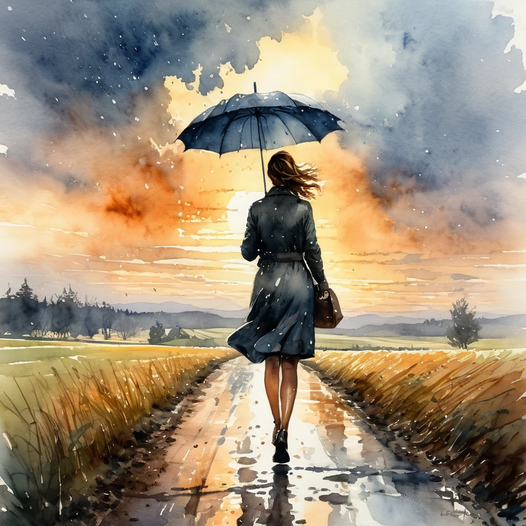 Autumm is here. Windy, light rainy, a woman with an umbrella is wandering through the landscape, atmospheric and oppressive as the sky begins to glow, energy harnessed sporadic glare a sky of emotions, Watercolor, trending on artstation, sharp focus, studio photo, intricate details, highly detailed, by greg rutkowski