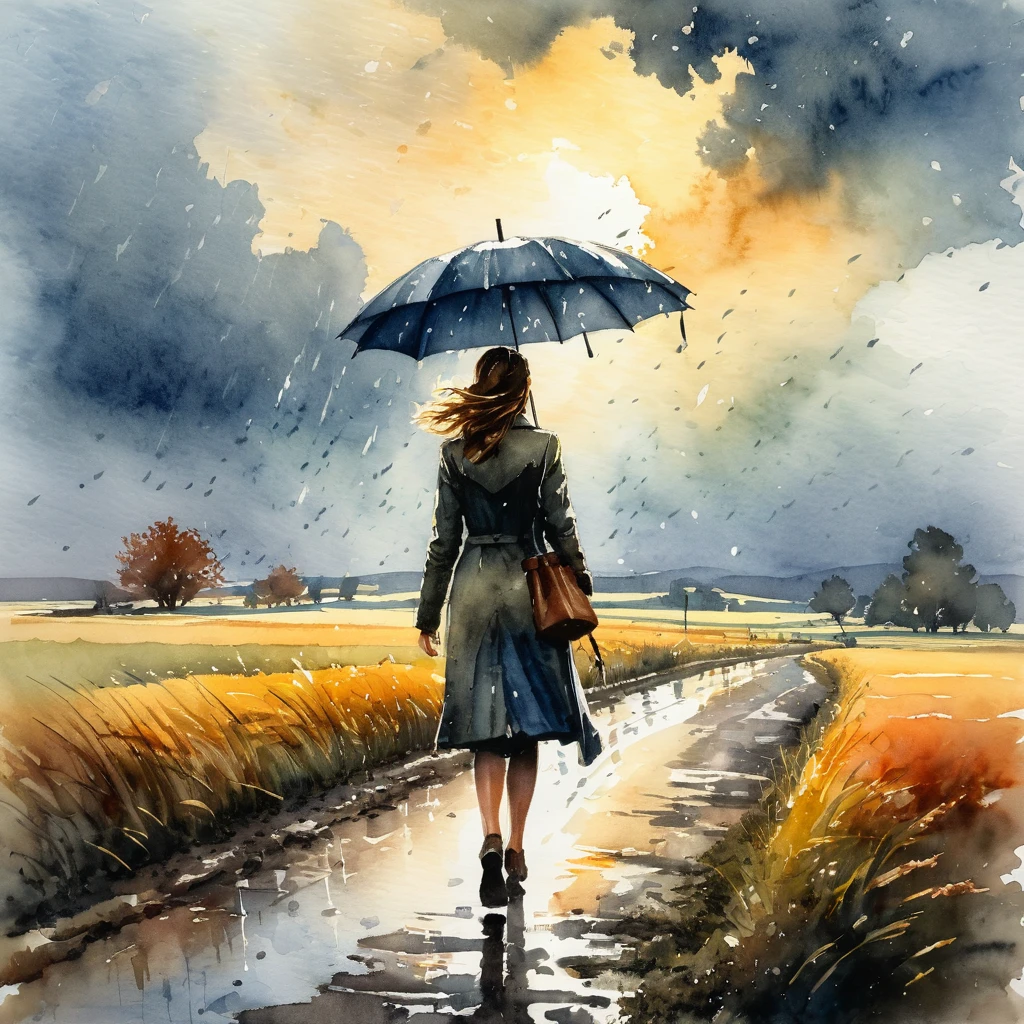 Autumm is here. Windy, light rainy, a woman with an umbrella is wandering through the landscape, atmospheric and oppressive as the sky begins to glow, energy harnessed sporadic glare a sky of emotions, Watercolor, trending on artstation, sharp focus, studio photo, intricate details, highly detailed, by greg rutkowski