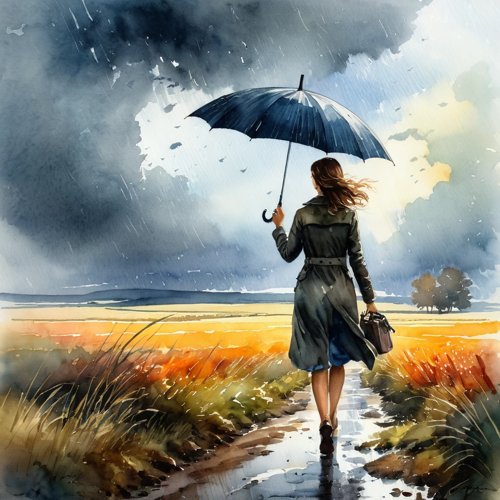 Autumm is here. Windy, light rainy, a woman with an umbrella is wandering through the landscape, atmospheric and oppressive as the sky begins to glow, energy harnessed sporadic glare a sky of emotions, Watercolor, trending on artstation, sharp focus, studio photo, intricate details, highly detailed, by greg rutkowski