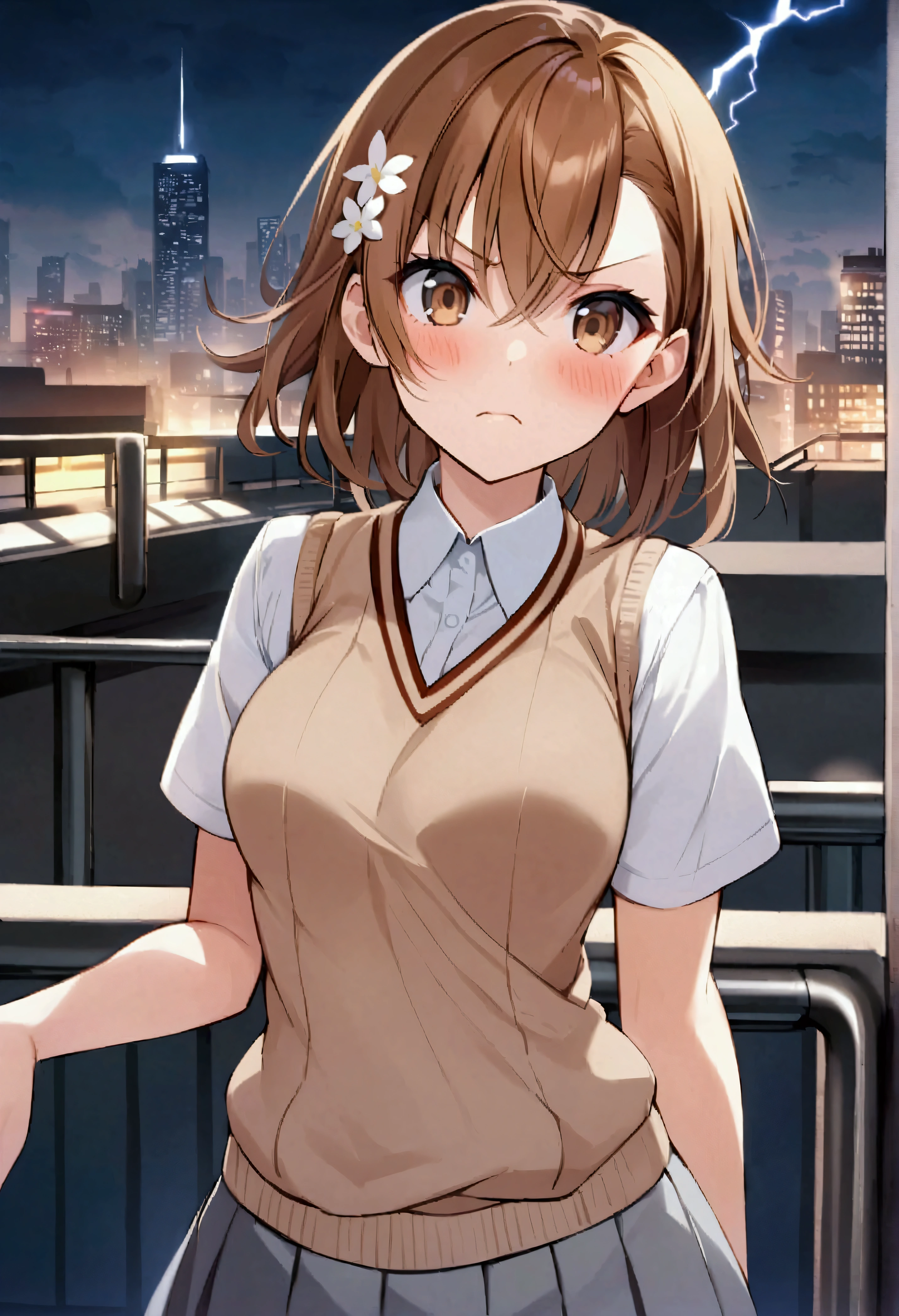 score_9, score_8_up, score_7_up, score_6_up, score_5_up, score_4_up,  Lightning City、mikoto misaka, short hair, brown hair, hair ornament, hair flower, brown eyes, skirt, shirt, , white shirt, short sleeves, pleated skirt, grey skirt, sweater vest, tokiwadai , looking at viewer, blush, angry, rooftop setting, skyline, night,
