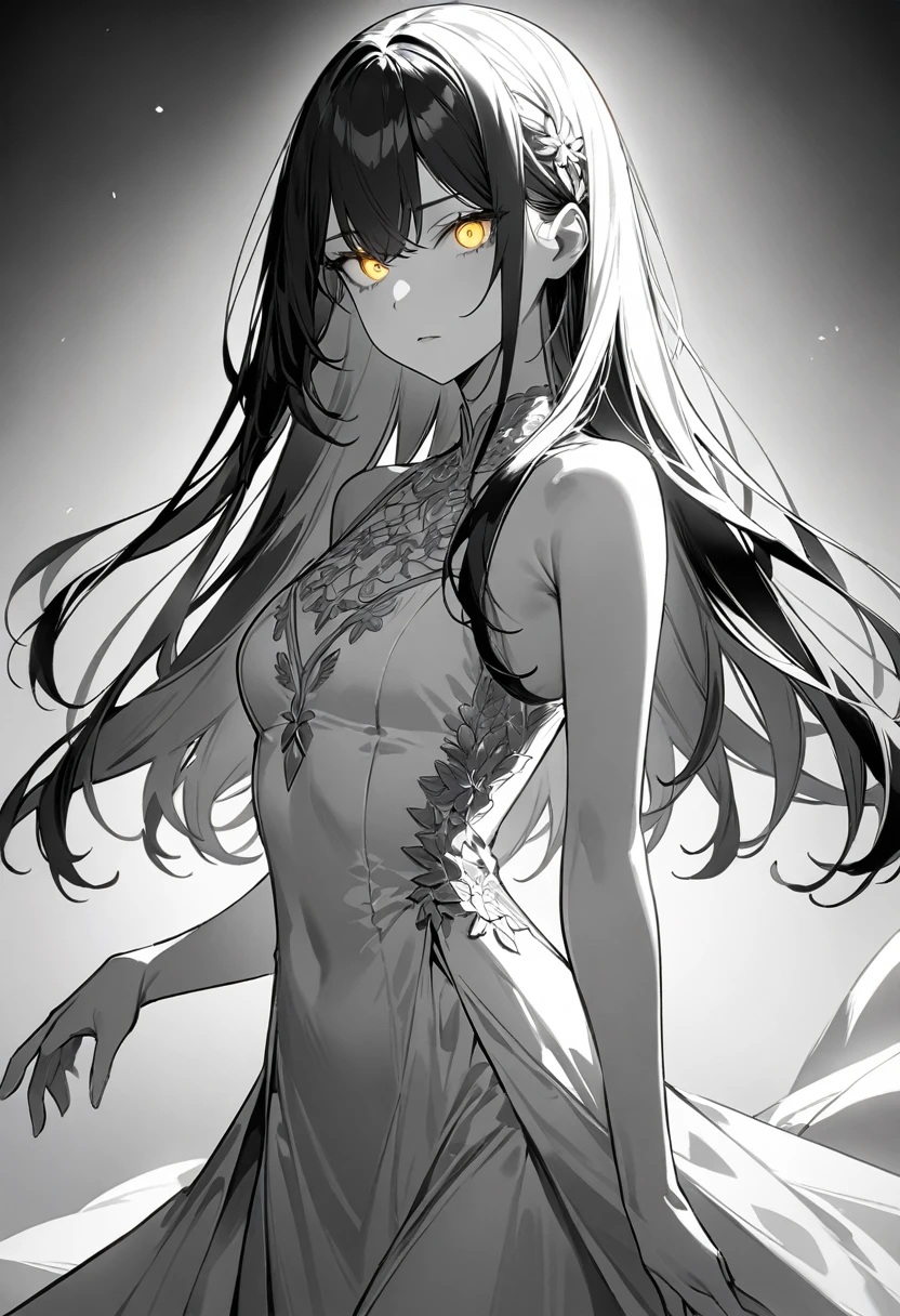 (masterpiece, top quality, very aesthetic, 4k、illustration), intricate detail, 1woman,、solo,contrapposto 、Strong glowing eyes、,(cowboy shot)、light persona、(monochrome),beautiful face、from side、clear face、straight hair、red to black gradient hair、,middle hair,sidelock ,gold eyes、white Summer Dresses、small breasts、Slim 、Silence