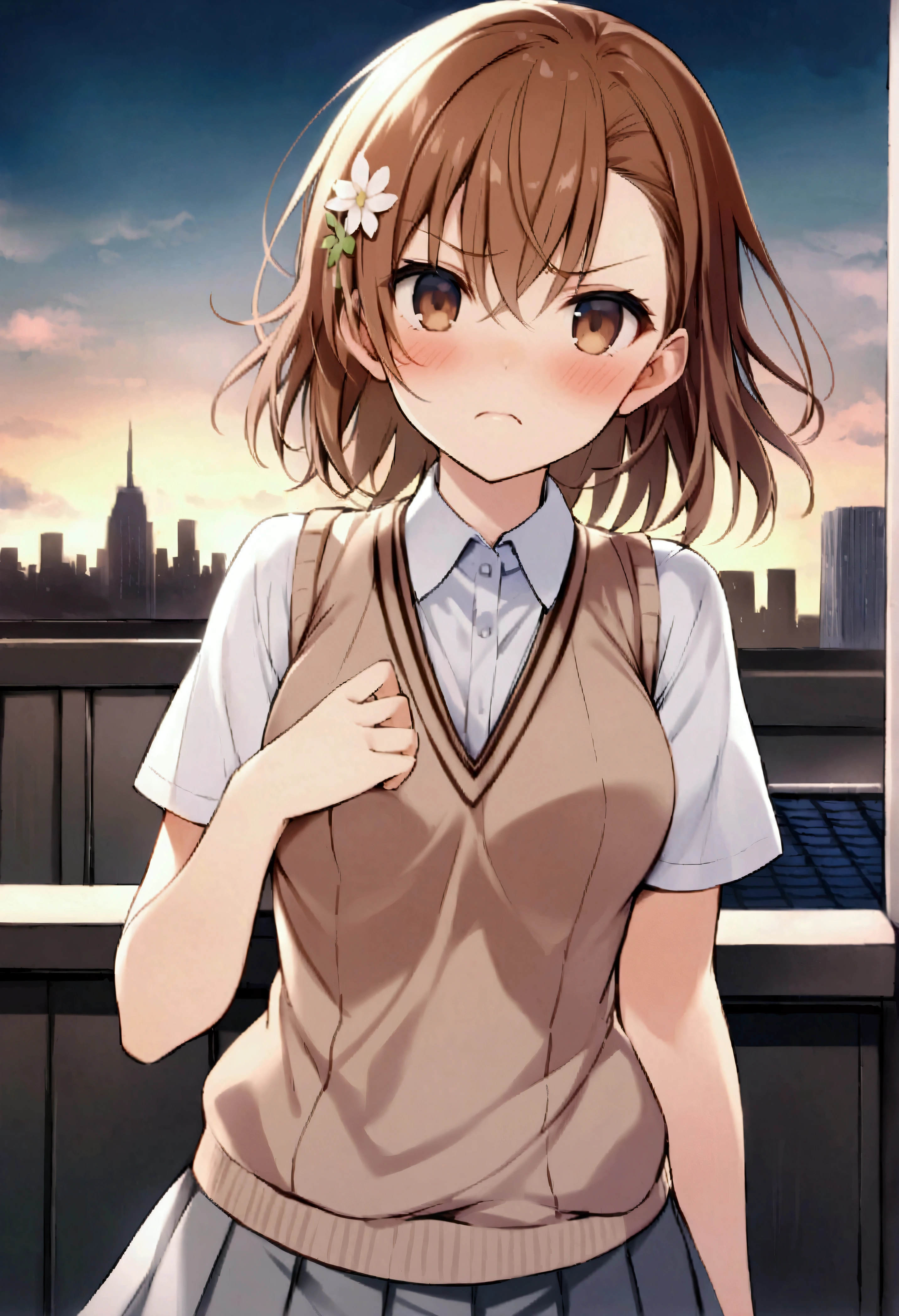 score_9, score_8_up, score_7_up, score_6_up, score_5_up, score_4_up,  mikoto misaka, short hair, brown hair, hair ornament, hair flower, brown eyes, skirt, shirt, school uniform, white shirt, short sleeves, pleated skirt, grey skirt, sweater vest, tokiwadai , looking at viewer, blush, angry, rooftop setting, skyline, night,