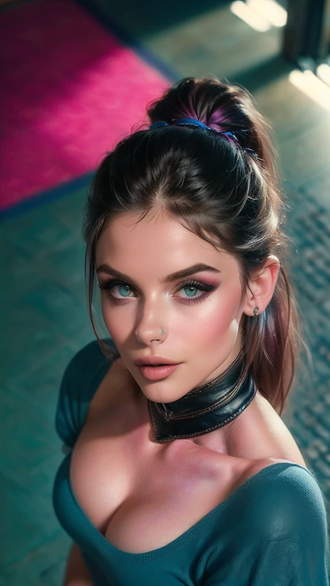 (((ultra realistic))) Photo, masterpiece, top quality, (Pale skin), (Ultra detailed face and eyes.:1.3), 1 girl, adult, on a t-shirt, ((eye makeup, mask)), (big detailed lips), ((rosa hair in a ponytail)), ((Chiolka)) , (natural breasts), Thin waist. ((Posing)), Photoshoot, studio (Soft lighting), (The game of lights and shadows), depth of field, bokeh, (Special attention to leather details.: 1.2), detailed leather texture, skin pores. (Warm frame environment.. Color range: violet, rosa, blue tones), DR, ((film grain)), ((good heavens)), (Glare), ((Photo to the waist, view from above)) , ultra detialed, 