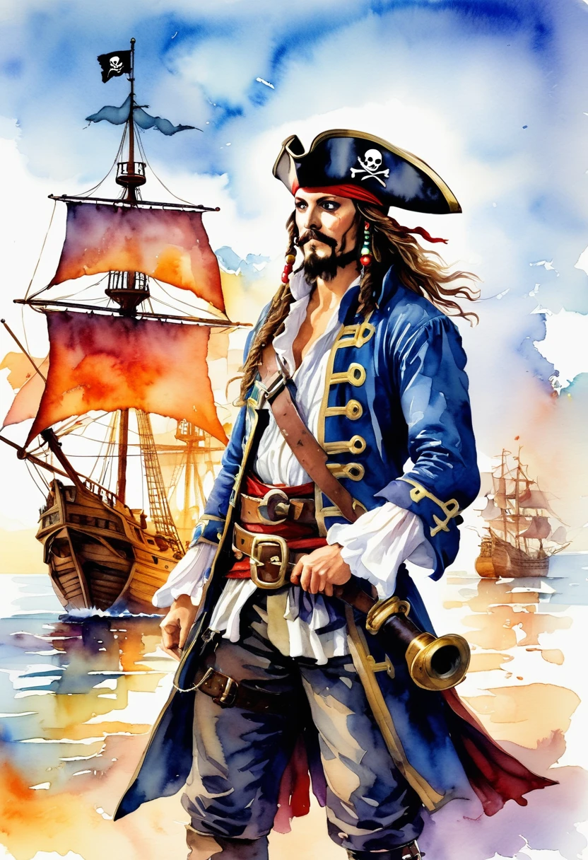 (best quality, high resolution, Watercolor Pirate War