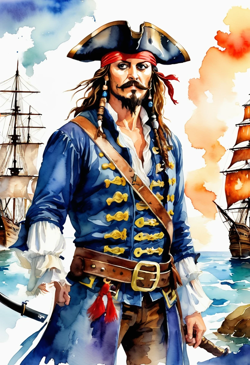 (best quality, high resolution, Watercolor Pirate War