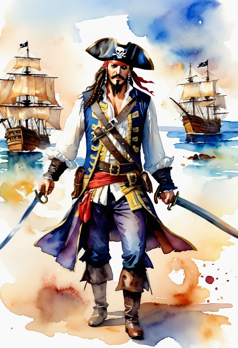 (best quality, high resolution, Watercolor Pirate War