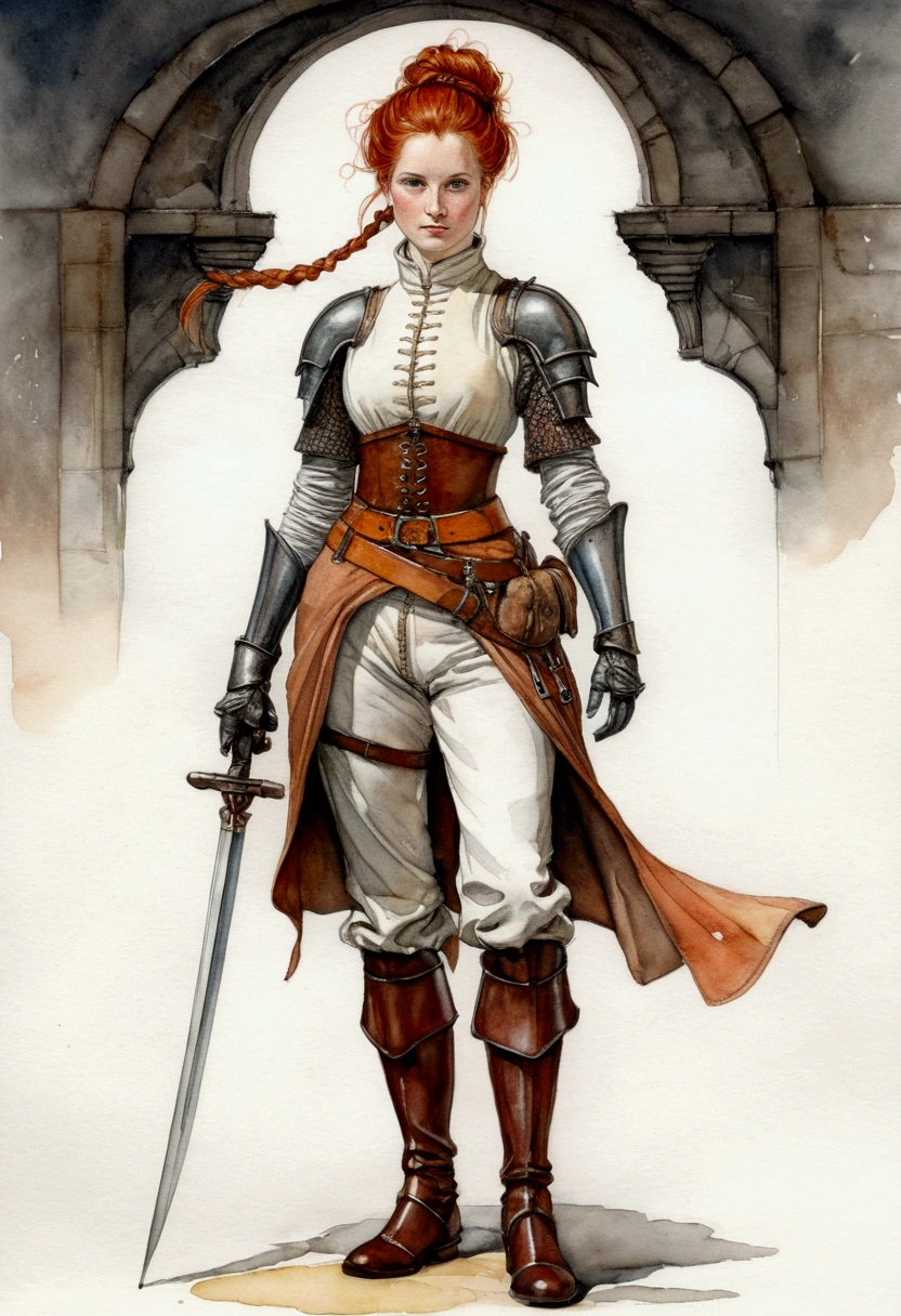 brown ink and watercolor, female medieval fantasy warrior, red hair, elegant braided updo, orange eyes, white gambeson, brown leather gloves, metal articulated gauntlets, metal vambraces, brown leather belt, anthracite medieval baggy hose, red slashed breeches, metal cuisses, brown leather boots, metal greaves. extremely detailed, Highly detailed, masterpiece, character concept illustration, wonderland, Dynamic colors, fairy tale light, by Beatrix Potter and Jean-Baptiste Monge, 32k UHD