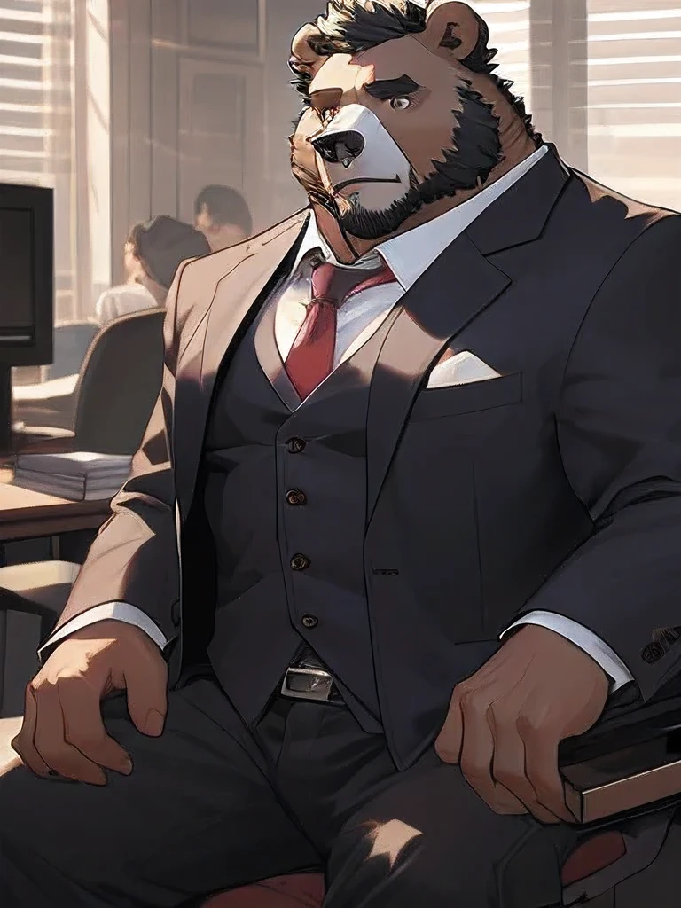 (Very detailed), Clear focus,hairy, Black and white fur), black beard, Black Hair,human nature (棕Bear:1.3), male, Middle-aged and elderly people, Brown body, White belly, muscular ,(Crotch bulge),Very detailed face,(Disheveled:1.4),(best quality), (masterpiece), High Detail, high quality,high resolution,16K,(Bear:1.3),Office Background,Set,Suits