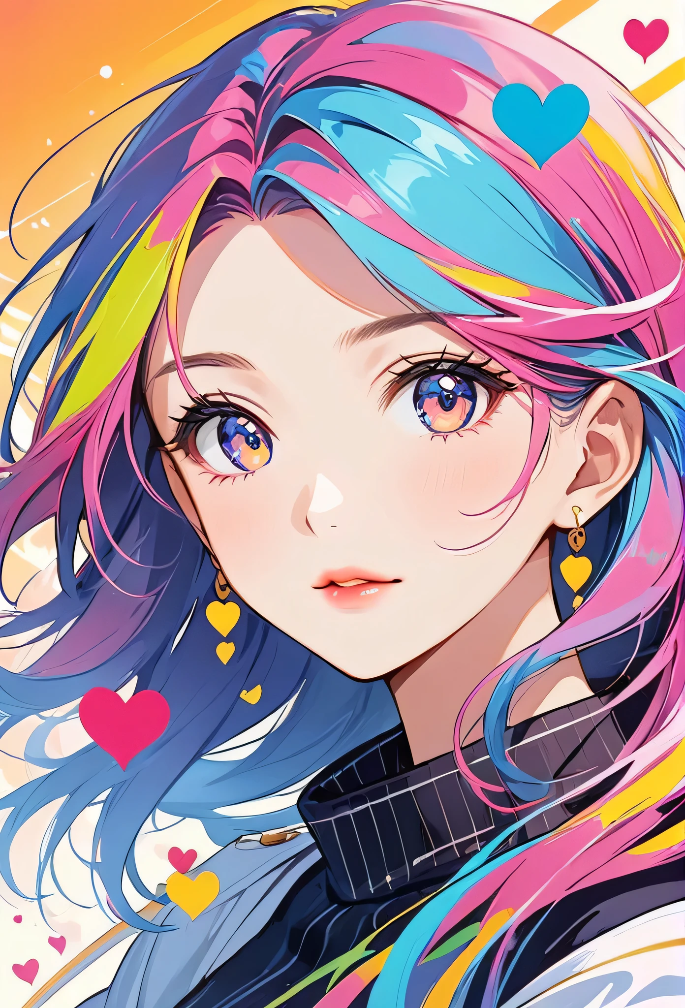 Micho colorful style, Simple Line Initialism，Abstract art，Urban Background, (((The most beautiful girl of all time))), Sweet face. Lips in love, colorful hearts, stylish design