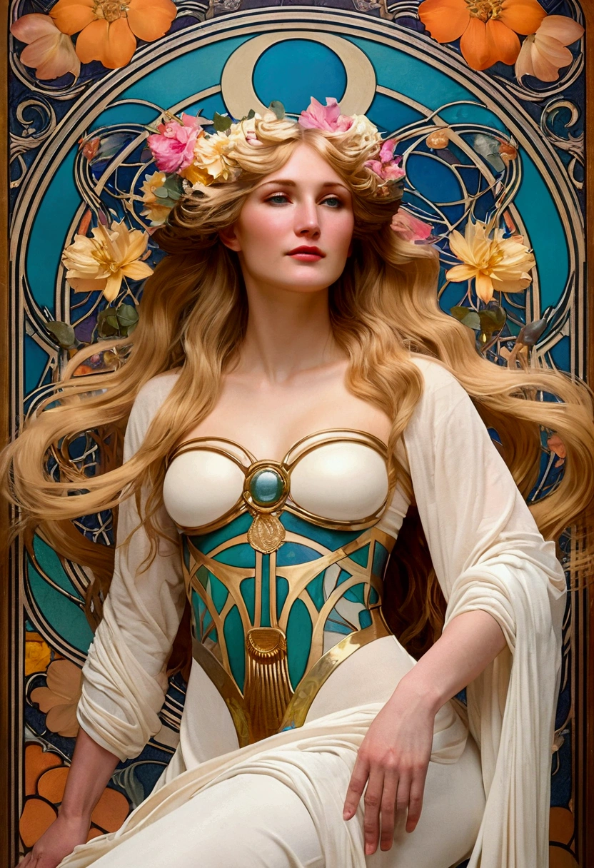 European woman portrait,goddess, above waist, Long flowing hair, Blonde, Oil painting, Model imposing, flower frame, decorative panel, abstraction, directed by: Alphonse Mucha (Main part, extremely high quality, High resolution: 1.4), detailed, intricate details, splash of colour, Line art, Fibonacci, Wear underwear, atmospheric perspective, Art Nouveau, 4k