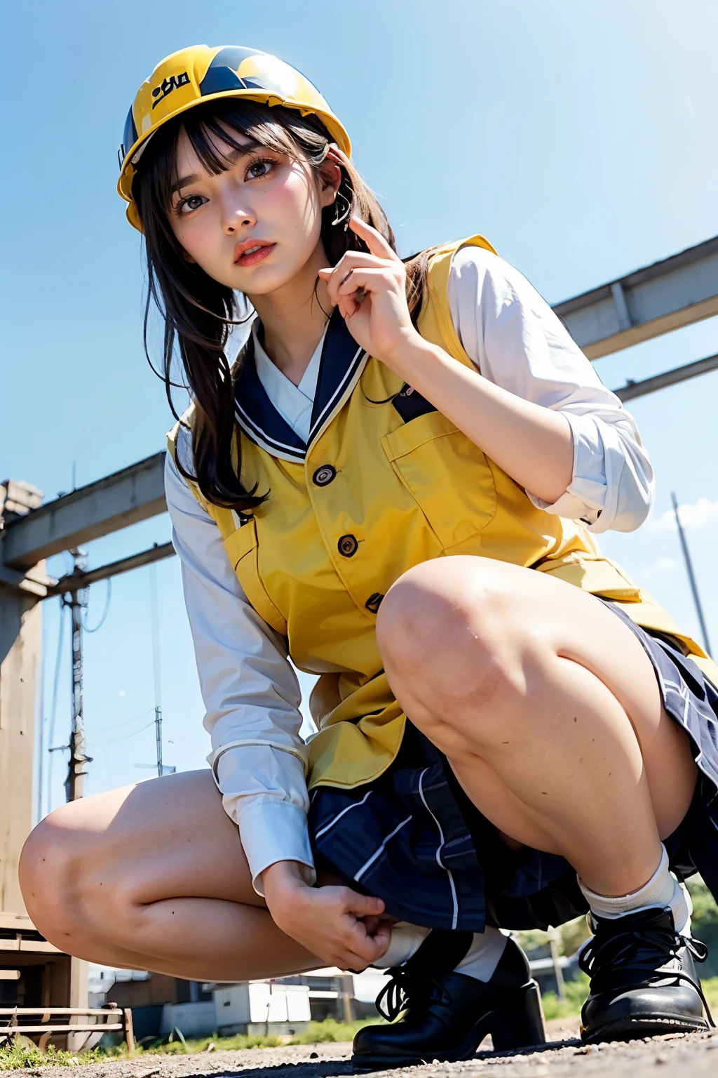 Masterpiece, bokeh, (Beautiful face), (Detailed face), (Perfect hands), (Japanese idle:1.6), (Japanese school uniform:1.3), (Plump breast:1.1), (Yellow helmet:1.3), (Squatting:1.3),( Large Bridge construction site:1.3), (Blushed face:1.3), (From below:1.6), 