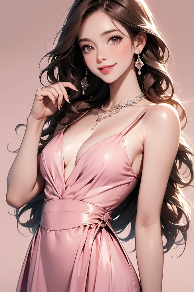high resolution,smile,woman,woman1人,adult,Clear,cute, Brown Hair,BREAK, Brown eyes,BREAK, Hostess,Silver Dress,Diamond Necklace,BREAK, Facing forward,BREAK,Pink background,Light on head,