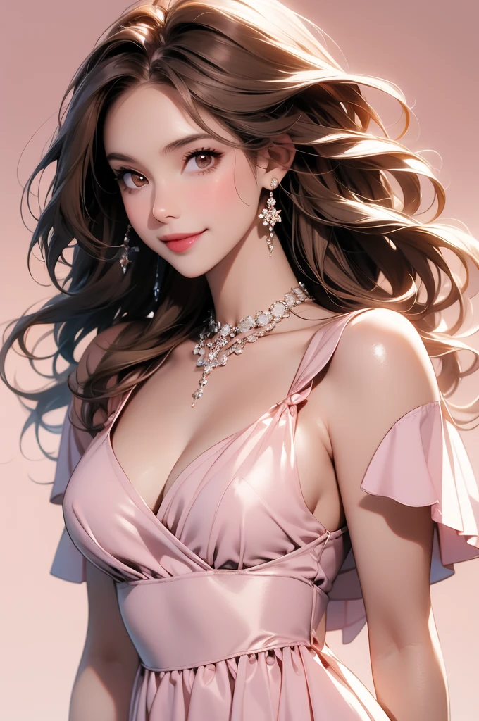 high resolution,smile,woman,woman1人,adult,Clear,cute, Brown Hair,BREAK, Brown eyes,BREAK, Hostess,Silver Dress,Diamond Necklace,BREAK, Facing forward,BREAK,Pink background,Light on head,