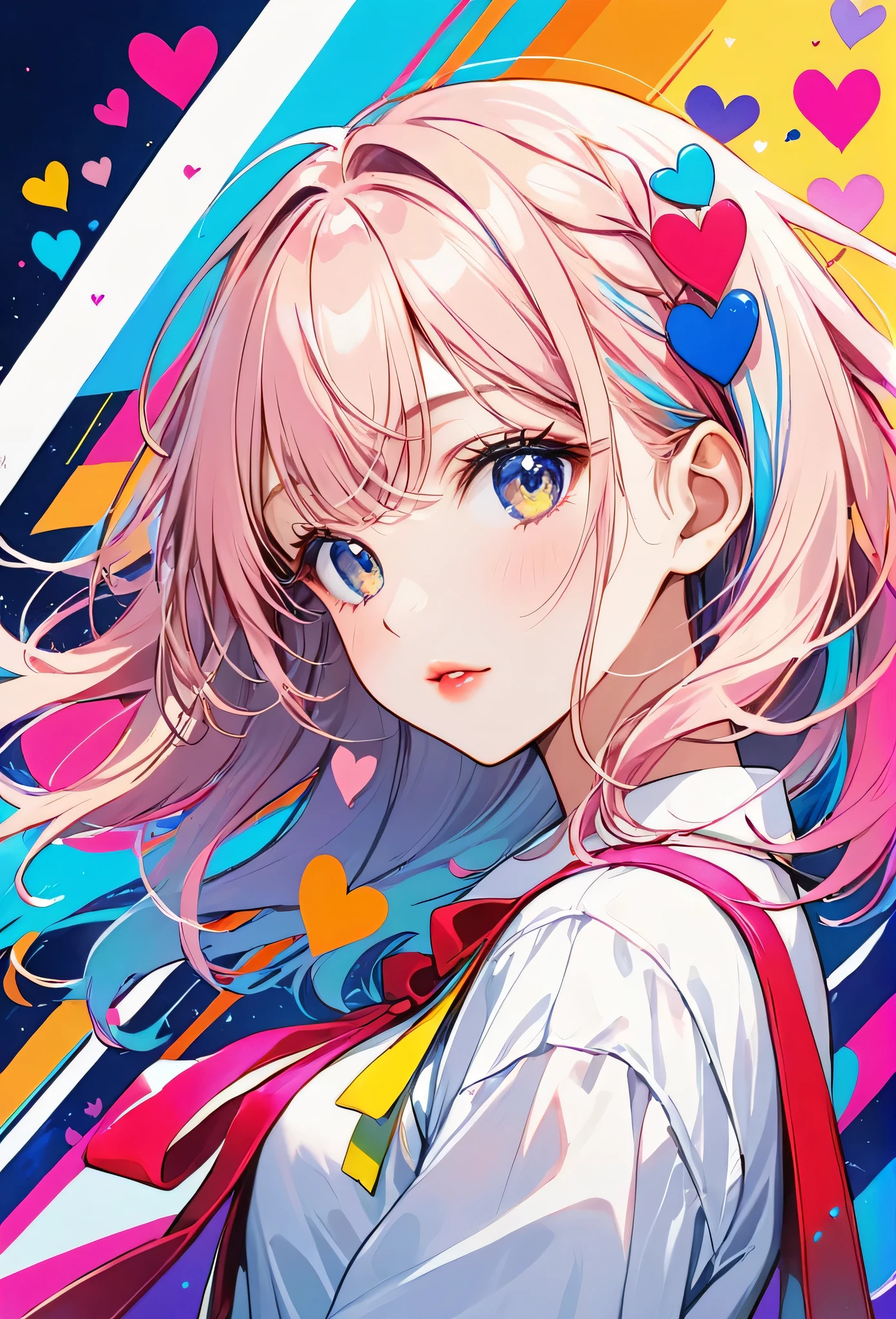 Mika Pikazo colorful style, Simple Line Initialism，Abstract art，Urban Background, (((The most beautiful girl of all time))), Sweet face. Lips in love, colorful hearts, stylish design