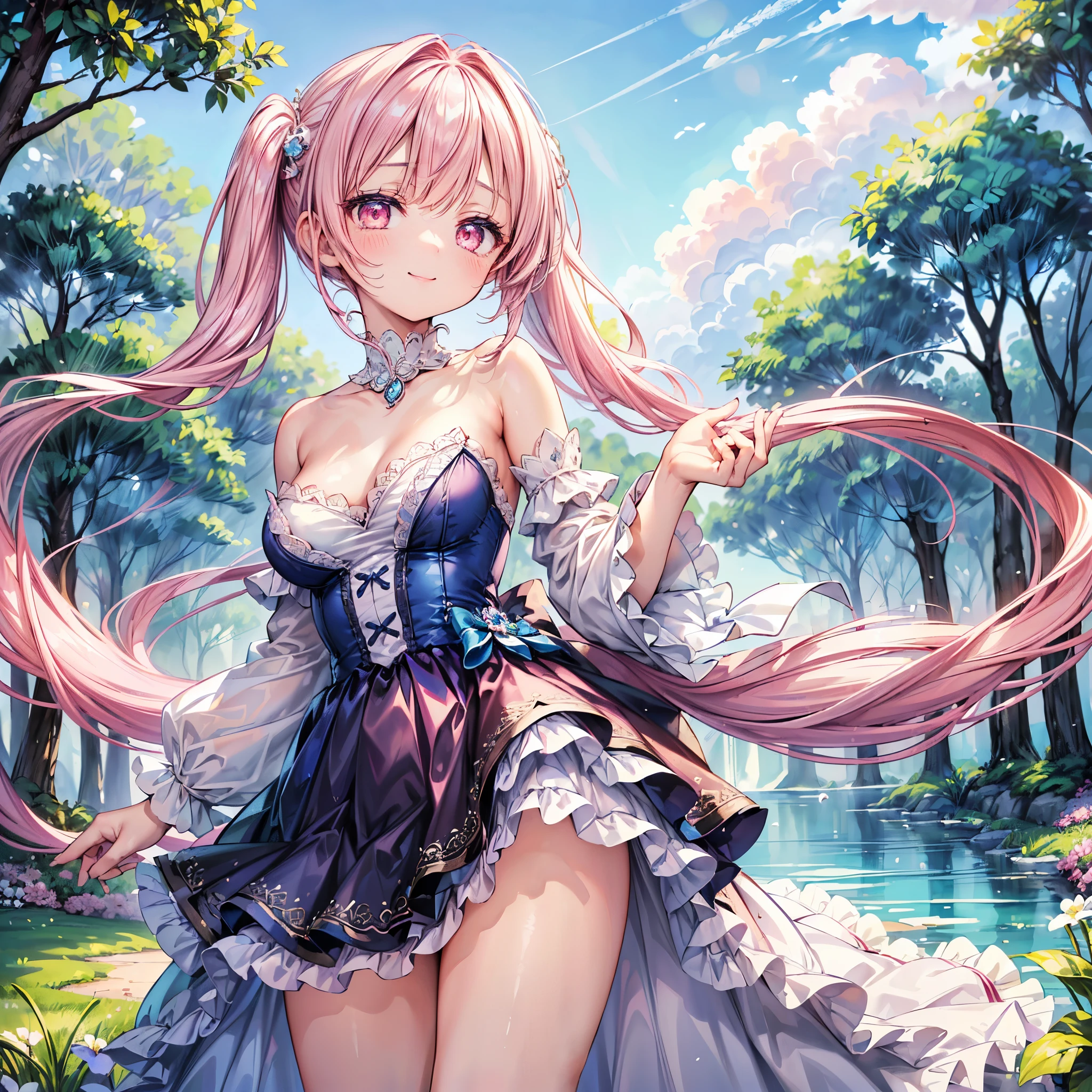 (8K, masutepiece, Highest Quality, Best Quality, Official art, Breathtaking beauty and aesthetics, A highly detailed, The best masterpiece in history that exceeds limits, Breathtaking and beautiful lighting:1.2), (1 Absolute Beautiful Girl, Solo:1.3), sixteen years old, (shiny white skin), (pink twin tail hair, Bangs:1.5), (adolable big pink eyes, drooing eyes:1.5), (Breathtaking Beautiful baiana dress, ruffled dress, blue lace trim, Cutwork, blue frilled neckline, flared skirt, blue and white dress, layered dress, puffed_sleeves), (bust:1.2), (happy smile, Beautiful smile, Gentle smile, cute smile, innocent smile like an angel:1.2), (Attractive, amazing, Beautiful, Elegant, Luxurious, magnifica, Eye-catching, the ultimate beauty, Supreme Beauty, Superlative beauty, Elegant, Beauty, Graceful, Everyone loves it, Beauty that fascinates everyone, Healed, The highest level of complete beauty, cute like an idol, Stylish like a fashion model, Goddess-like grace, Be loved, cute little, adolable, Look at the camera, cute little pose, Happy), breathtaking scenery, (standing, Breathtakingly beautiful Luxurious spring garden, blue sky:1.5),