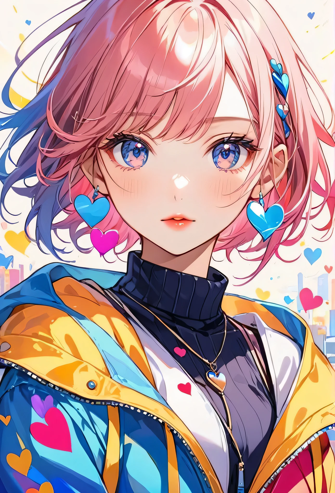 Mika Pikazo colorful style, Simple Line Initialism,Abstract art,Urban Background, (((The most beautiful girl of all time))), Sweet face. Lips in love, colorful hearts, stylish design